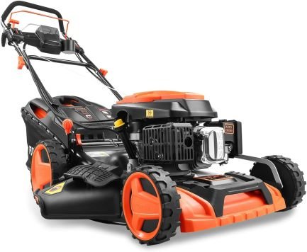 FUXTEC 4in1 Benzin Rasenmäher FX-RM5196eSPRO mit E-Start und regulierbarem Selbstantrieb, Gartenmäher inkl. Frontstoßstange, 51 cm Schnittbreite,