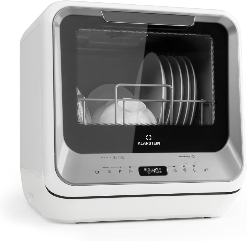 Klarstein ia Mini Geschirrspüler, Spülmaschine mit Platz für 2 Maßgedecke, 6 Programme, 5 L Wasser benötigt, LED-Display, Touch, Tischgeschirrspüler inkl. Zubehör, schwarz