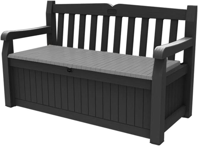 Keter Sitzbank Eden für Balkon und Garten, Gartenbank mit integrierter Kissenbox mit 265 l Stauraum, 140x60x84cm, wetterfest, pflegeleicht, grau, Outdoor, Holzoptik