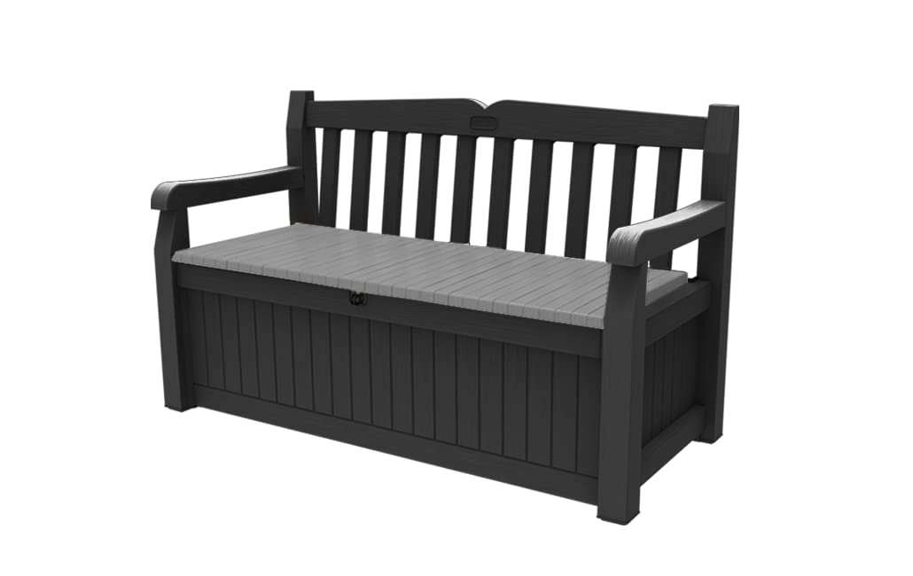 Keter Sitzbank Eden für Balkon und Garten, Gartenbank mit integrierter Kissenbox mit 265 l Stauraum, 140x60x84cm, wetterfest, pflegeleicht, beige, Outdoor, Holzoptik