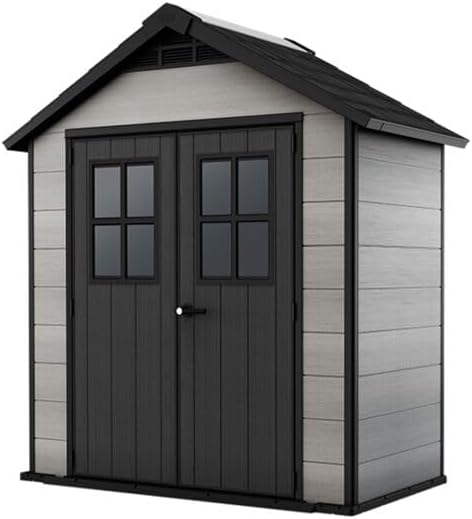 Keter Gerätehaus Oakland 754, Grau, 4,3m³, Außenmaße B/T/H: 229,6 x 124,8 x 253 cm, Duotech Struktur, wetterfest, Doppeltür, Oberlicht und Fenster, strapazierfähiger Schwerlastboden