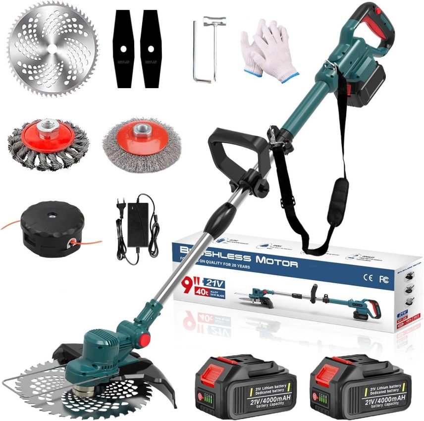 Hengriacly Rasentrimmer mit Akku 21V, Akku Rasentrimmer für Makita Akku, Rasentrimmer mit Unkrautbürste, Freischneider akku, Motorsense Akku- Inkl. 2X4.0Ah Akku & Ladegerät, 750W Bürstenloser Motor