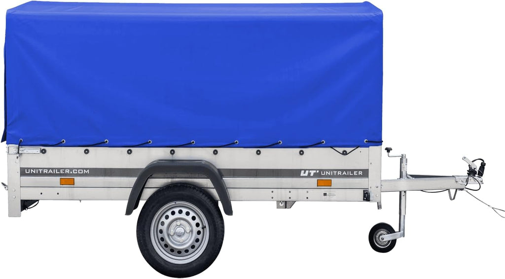 UNITRAILER Car Trailer 230 x 125 cm Garden Trailer 230 Tilting 750 kg with Jockey Wheel, Blue Tarpaulin and High Arrow