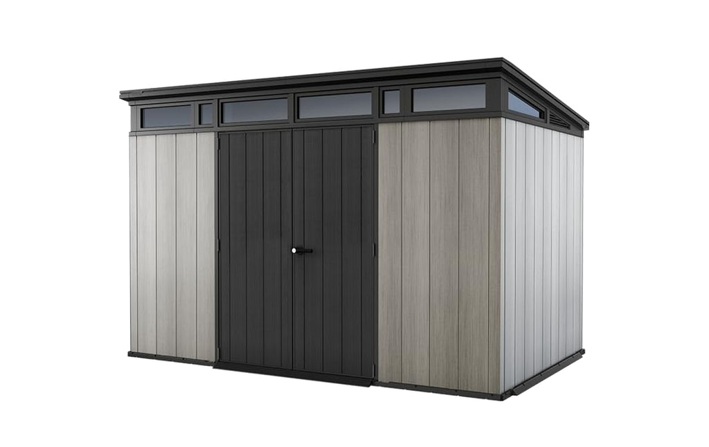 Keter Artisan 7x7 Gerätehaus – Wetterfestes Gartenhaus mit Boden, Pultdach, Doppeltüren & Fenster, Ideal für Outdoor-Aufbewahrung, 214x218x226cm, 8,3 m³, grau
