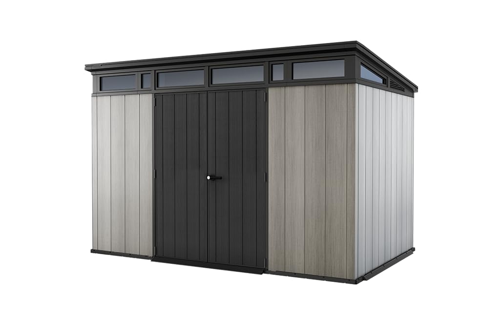 Keter Artisan 7x7 Gerätehaus – Wetterfestes Gartenhaus mit Boden, Pultdach, Doppeltüren & Fenster, Ideal für Outdoor-Aufbewahrung, 214x218x226cm, 8,3 m³, grau