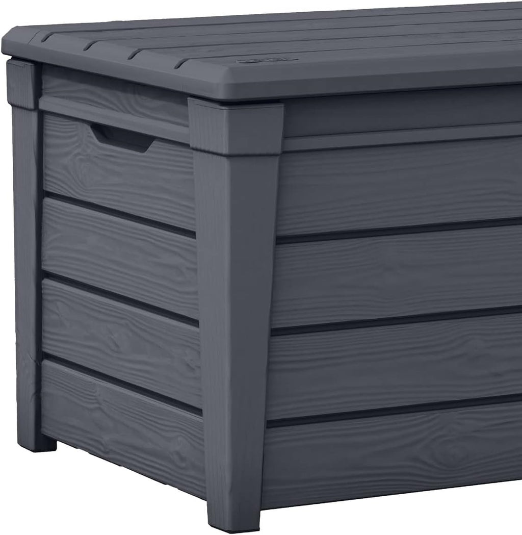 Keter Brightwood Gartenbox 455L - Aufbewahrungsbox mit Sitzfunktion für 2 Personen - Wetterbeständige Terrassenbox in Holzoptik Grau