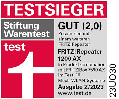 AVM FRITZ!Repeater 1200 AX Wi-Fi 6 Mesh Repeater, 3.000 MBit/s, 160 MHz, Gigabit-LAN, WPS