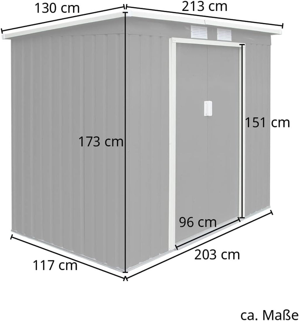 HATTORO P100 Gartenhaus mit Pultdach, Geräteschuppen 213x130x173cm, Gerätehaus mit 2 Schiebetüren, Belüftungsgitter & Metall-Rahmen, Modernes Grau/Anthrazit, Verzinkter Stahl