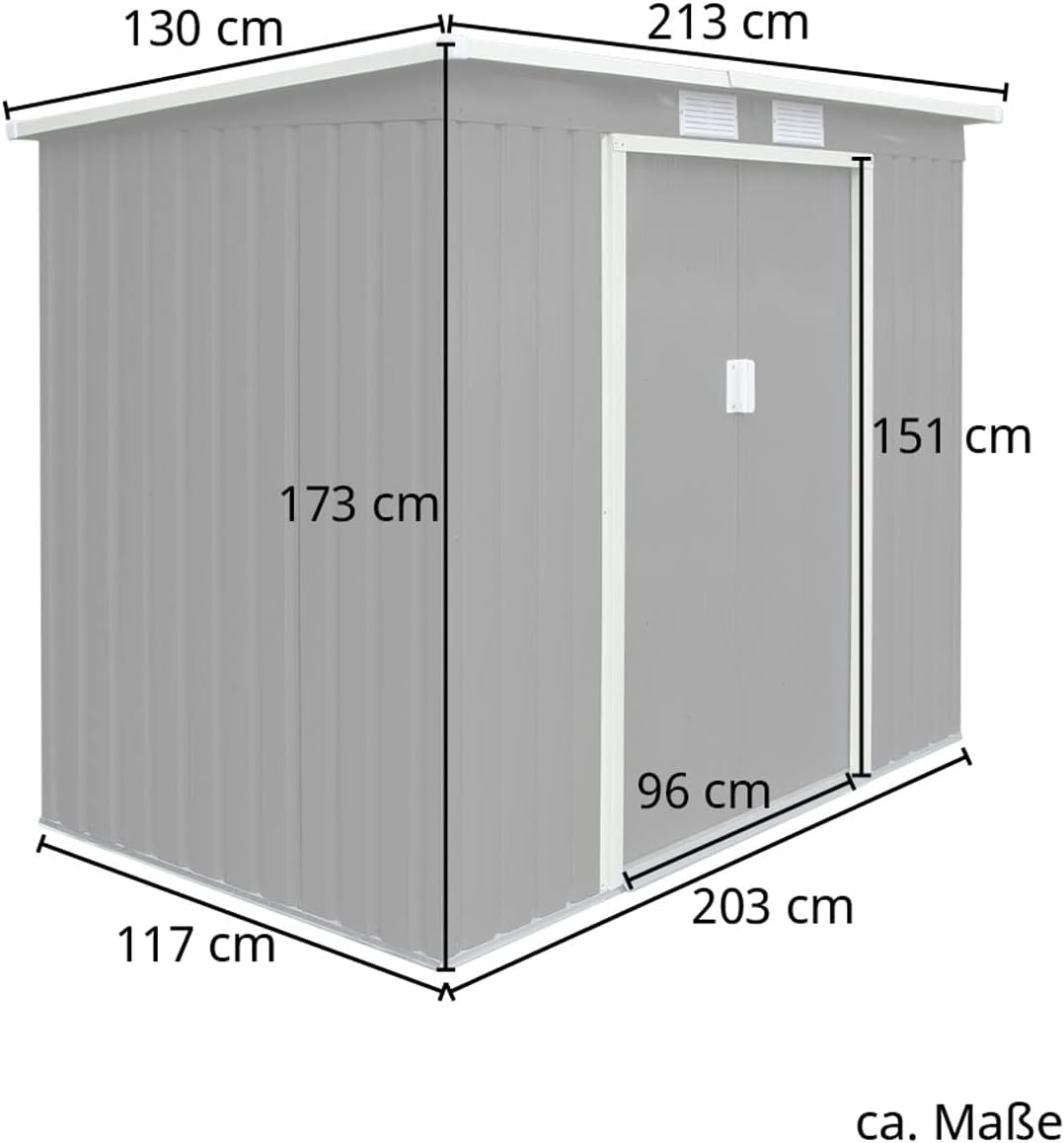 HATTORO P100 Gartenhaus mit Pultdach, Geräteschuppen 213x130x173cm, Gerätehaus mit 2 Schiebetüren, Belüftungsgitter & Metall-Rahmen, Modernes Grau/Anthrazit, Verzinkter Stahl