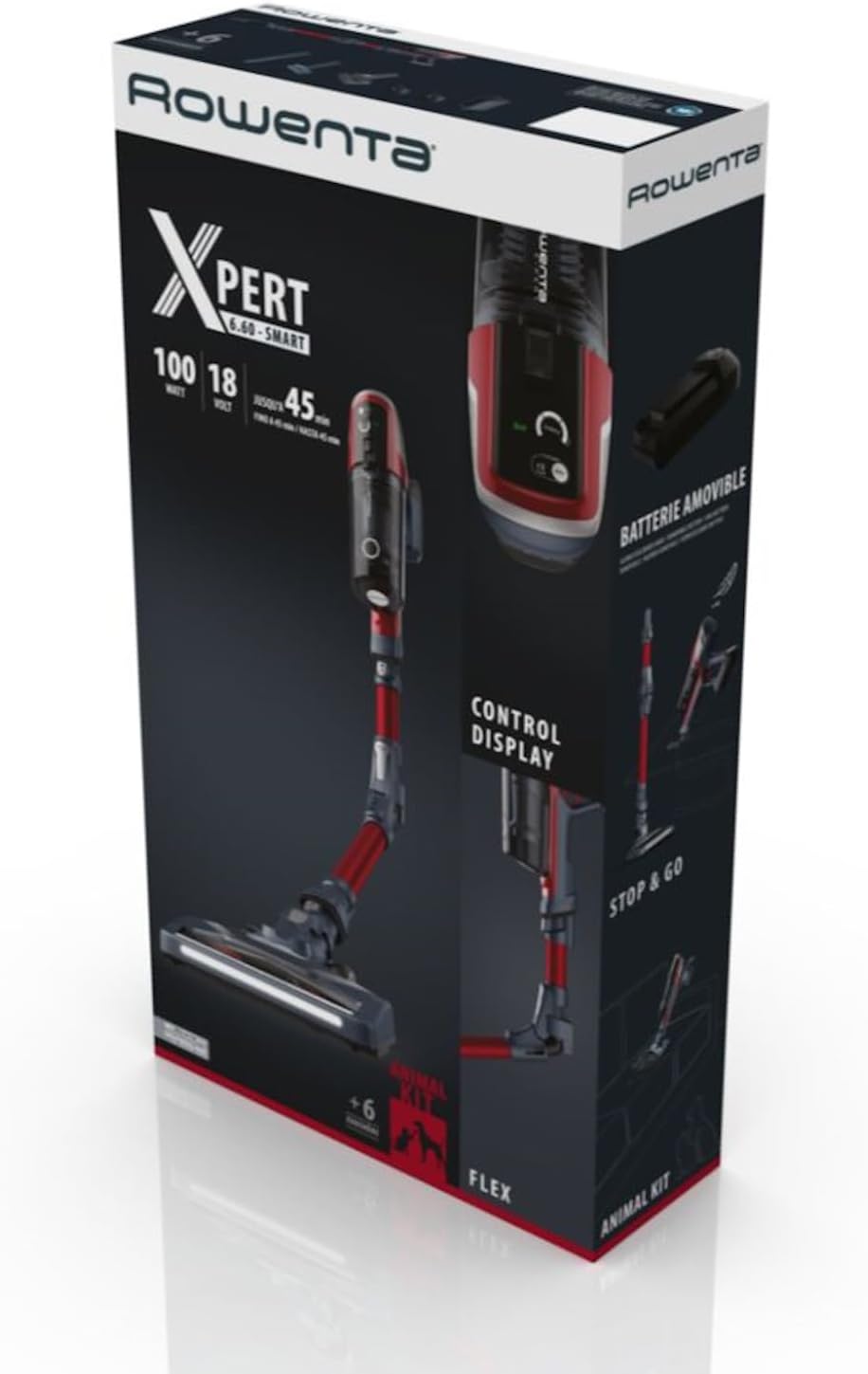 Rowenta X-Pert 6.60 Akku-Stielstaubsauger, Tier-Zubehör, LED-Display, Flex-Gelenk, 100W, herausnehmbarer Akku, alle Bodenarten, bis zu 45 Min. Laufzeit, Wandhalterung, Rot-Grau, RH6471