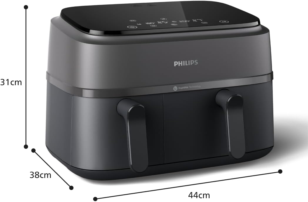 Philips Airfryer Dual Basket 3000 Series Hot Air Fryer, Black, 9 L | 2 baskets, RapidAir Plus technology, touch screen, 12 cooking functions, HomeID app (NA350/00)
