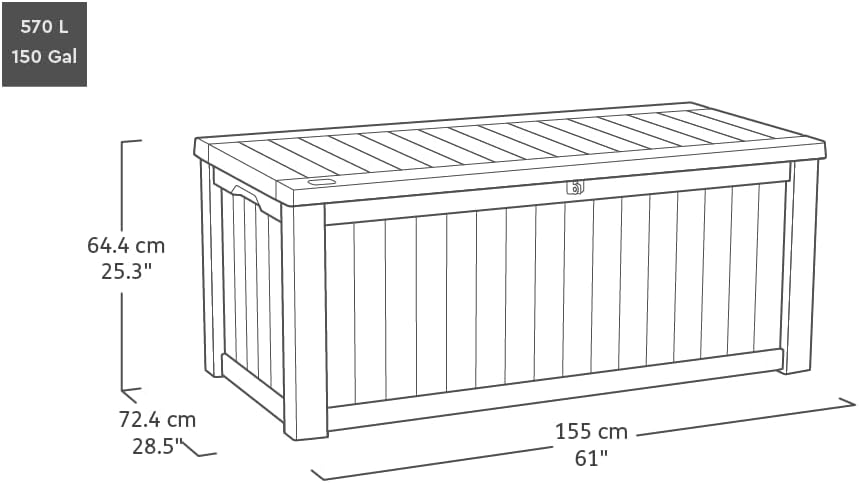 Keter Kissenbox Rockwood, graphit, 570l Fassungsvermögen, Außenmaße: 155 x 72,4 x 64,4 cm, Auflagenbox wasserdicht, für Outdoor geeignet, Keterbox