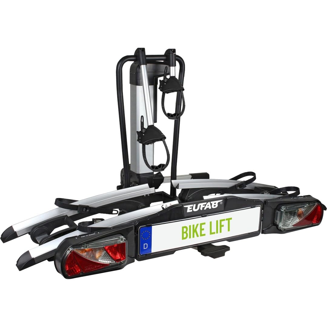 EUFAB 11521 Premium 2 Bicycle Carrier, Suitable for E-Bikes, Completely Pre-Assembled, Anti-Theft Protection, for 2 Bicycles, for Towing Hitch, Black, Silver