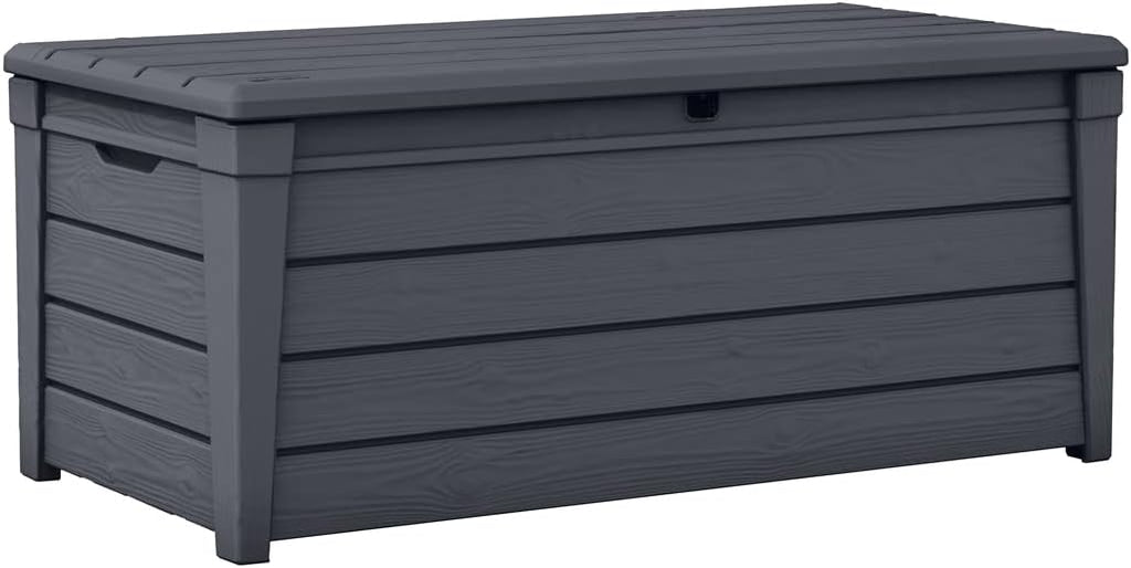 Keter Brightwood Gartenbox 455L - Aufbewahrungsbox mit Sitzfunktion für 2 Personen - Wetterbeständige Terrassenbox in Holzoptik Grau
