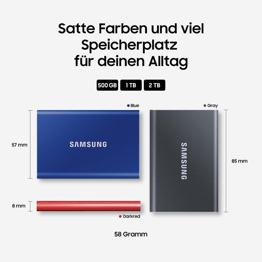 Samsung Portable SSD T7, SSD 1 TB, USB 3.2 Gen.2, 1.050 MB/s Lesen, 1.000 MB/s Schreiben, Externe SSD-Festplatte für iPhone 15 und neuer, Mac, PC, Smartphone und Spielkonsole, Grau, MU-PC1T0T/WW