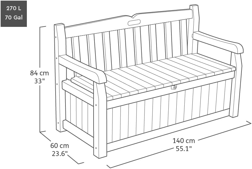 Keter Sitzbank Eden für Balkon und Garten, Gartenbank mit integrierter Kissenbox mit 265 l Stauraum, 140x60x84cm, wetterfest, pflegeleicht, grau, Outdoor, Holzoptik