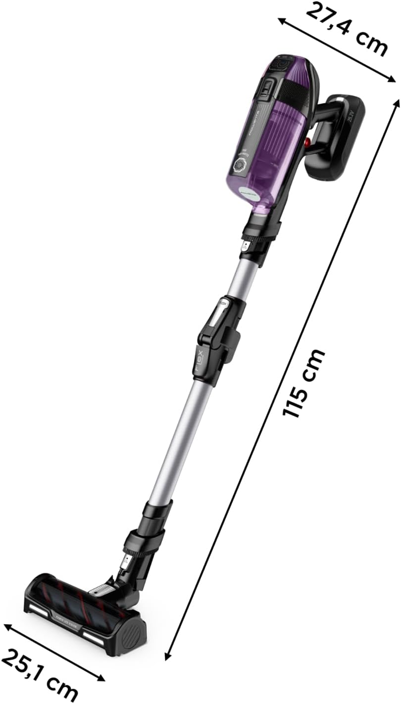 Rowenta X-Force Flex 12.60 kabelloser Akku-Stabstaubsauger, 150 Air Watt, bis zu 45 Min. Laufzeit, leistungsstark, Flex-Gelenk, LED-Düse, inkl. Zubehör, lila/schwarz, RH98A0