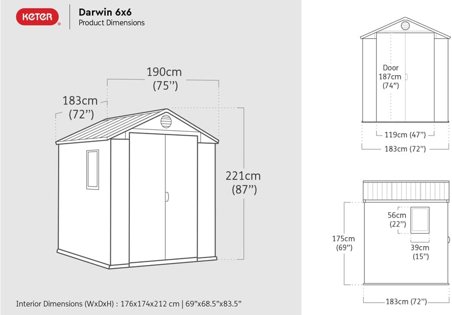 Keter Gerätehaus Darwin 6x6, Braun, Außenmaße 190x183x221cm, wartungsfrei, wetterfest, wasserdicht, mit Unterboden