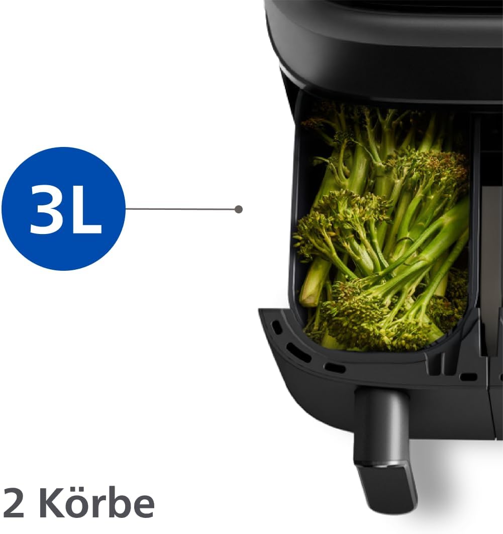 Philips Airfryer Dual Basket 3000 Series Hot Air Fryer, Black, 9 L | 2 baskets, RapidAir Plus technology, touch screen, 12 cooking functions, HomeID app (NA350/00)