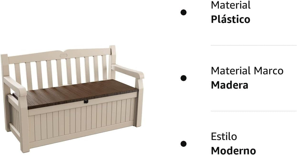 Keter Sitzbank Eden für Balkon und Garten, Gartenbank mit integrierter Kissenbox mit 265 l Stauraum, 140x60x84cm, wetterfest, pflegeleicht, beige, Outdoor, Holzoptik