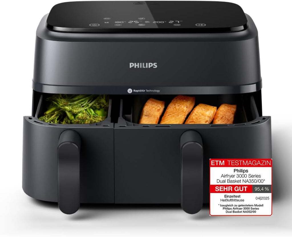 Philips Airfryer Dual Basket 3000 Series Hot Air Fryer, Black, 9 L | 2 baskets, RapidAir Plus technology, touch screen, 12 cooking functions, HomeID app (NA350/00)