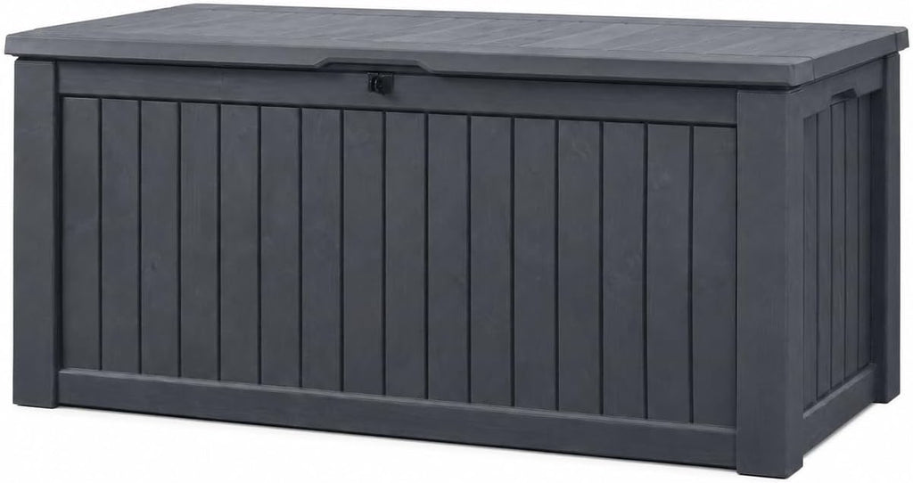 Koll Living Auflagenbox/Kissenbox 570 Liter l 100% Wasserdicht l mit Belüftung dadurch kein übler Geruch/Schimmel l Moderne Holzoptik l Deckel belastbar bis 250 KG (2 Personen) (Anthrazit)