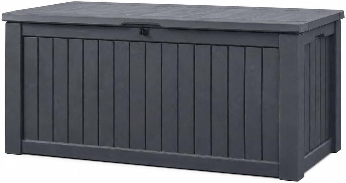 Koll Living Auflagenbox/Kissenbox 570 Liter l 100% Wasserdicht l mit Belüftung dadurch kein übler Geruch/Schimmel l Moderne Holzoptik l Deckel belastbar bis 250 KG (2 Personen) (Anthrazit)