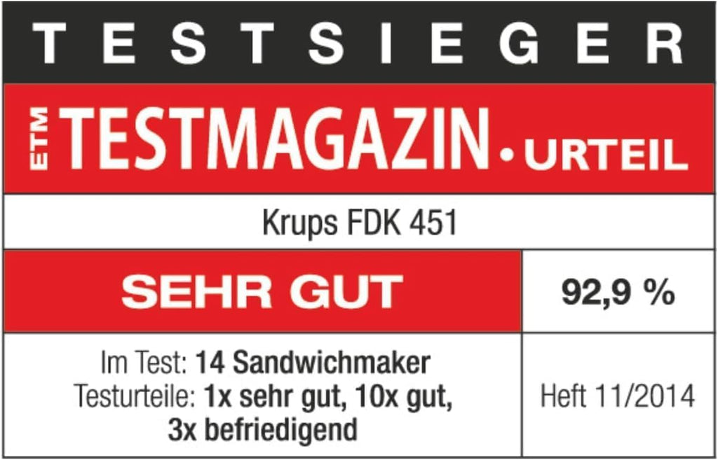 Krups Sandwichmaker, für perfekt zubereitete Sandwichtoasts in Dreiecksform, antihaftbeschichtete Platten, leichte Reinigung, kein Anbrennen, Temperaturkontrollleuchte, 850 W, 31,6x15,5x29,5cm, FDK451