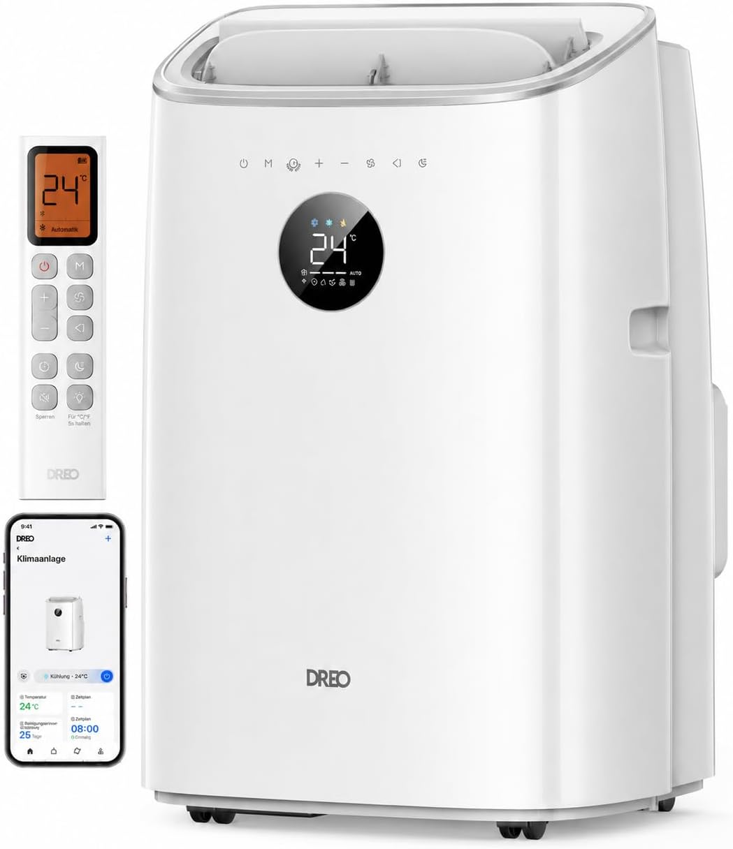 DREO Klimaanlage Mobil, 7.500 BTU Mobiles Klimagerät für Schlafzimmer & Büro, 3-in-1 Kühlen/Ventilieren/Entfeuchten, App-/Sprachsteuerung/Fernbedienung, drainagefrei, Fenster-Set, 2,5 L/h, AC318S