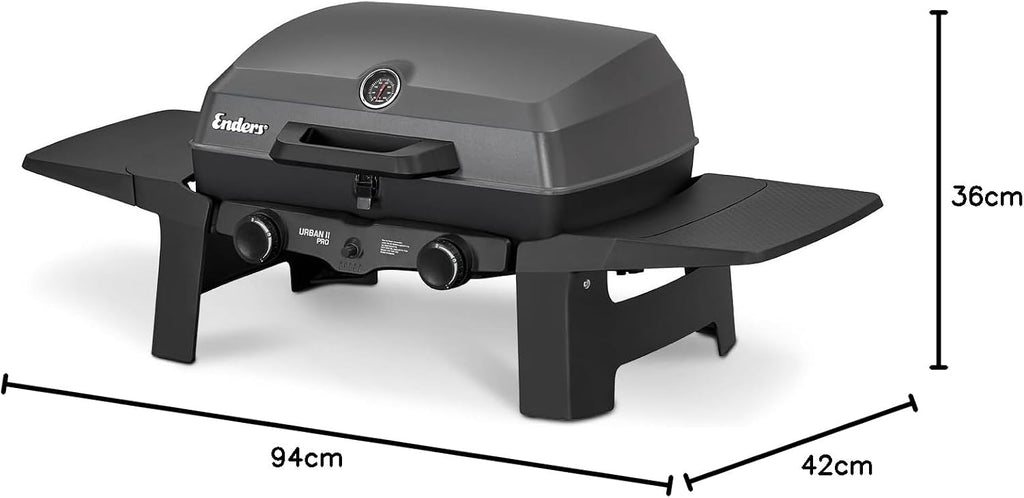 Enders® Gasgrill Urban II Pro, Tischgrill, Grillen-, Kochen- und Backen Funktion, 2 Brenner Edelstahl, mit Grill-Thermometer, Balkon-, Camping-Grill, Aluguss-Gehäuse, Gusseisen-Rost, #2062
