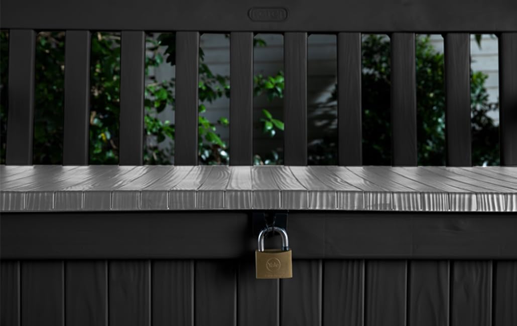 Keter Sitzbank Eden für Balkon und Garten, Gartenbank mit integrierter Kissenbox mit 265 l Stauraum, 140x60x84cm, wetterfest, pflegeleicht, grau, Outdoor, Holzoptik