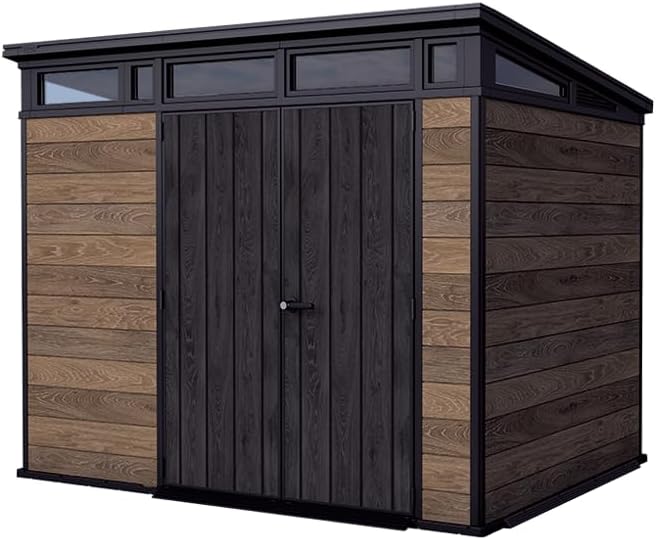 Keter Signature Gartenhaus 9x7 Gerätehaus 279x218x226 cm Kunststoff Walnuss mit Pultdach und Bodenplatte wetterfest UV-beständig