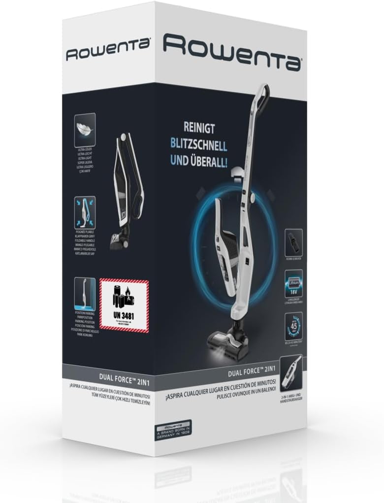 Rowenta RH6737 Dual Force 2-in-1 kabelloser Akku-Stabstaubsauger, integrierter Handstaubsauger, klappbarer Griff, sehr leicht – nur 2,5 kg, LED-Beleuchtung, Weiß, 45 min