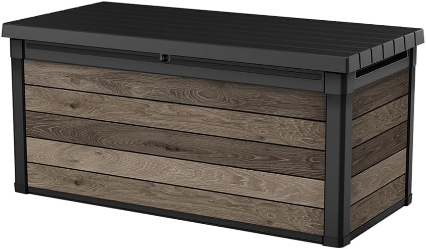 Keter Signature Aufbewahrungsbox 570L Walnuss - Gartenbox mit Holzoptik & Sitzfunktion - Wetterfeste Kissenbox mit Gasdruckfedern