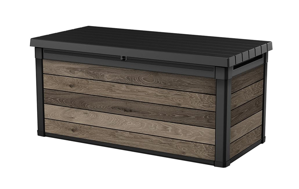 Keter Signature Aufbewahrungsbox 570L Walnuss - Gartenbox mit Holzoptik & Sitzfunktion - Wetterfeste Kissenbox mit Gasdruckfedern