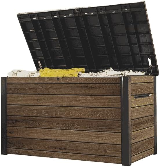 Keter Signature Aufbewahrungsbox 870L Walnuss - Gartenbox mit Holzoptik & Sitzfunktion - Wetterfeste Kissenbox mit Gasdruckfedern