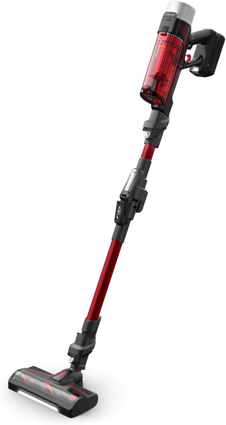 Rowenta X-Force Flex 9.60 Complete, Akku Stab-Staubsauger, tiefenreinigende Kraft, Akku Staubsauger mit 100 AW, vollständiges Reinigungsset, LED-Leuchten, kabellos, langlebiger Akku, rot, RH2099WO