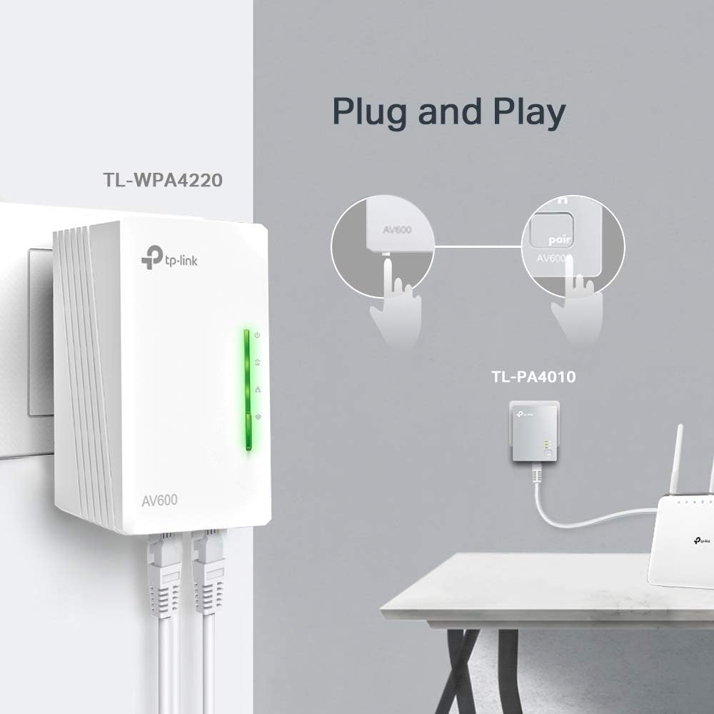 TP-Link TL-WPA4220 KIT AV600 Wi-Fi N300 WiFi Powerline (600Mbps maximum Powerline, 300Mbps maximum 2.4GHz Wi-Fi, Plug and Play, compatible with all Powerline adapters, set of 2), white