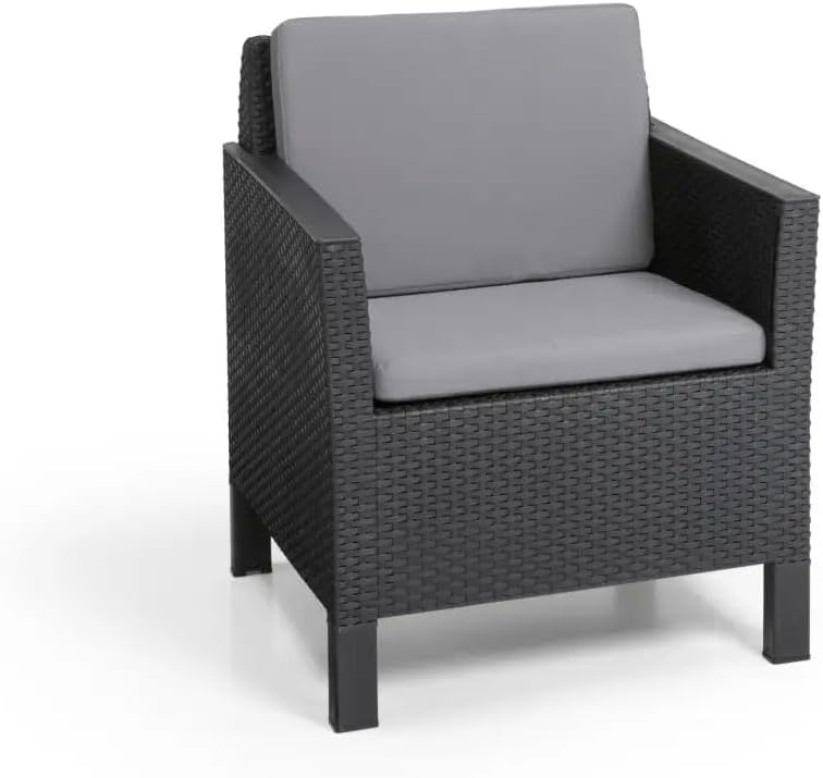 Allibert by Keter Chicago Lounge Set für 4 Personen, 2-er Sofa, 2 Gartensessel mit Rückenkissen und höhenverstellbarem Lyon Tisch, graphit/cool grau, wetterfest