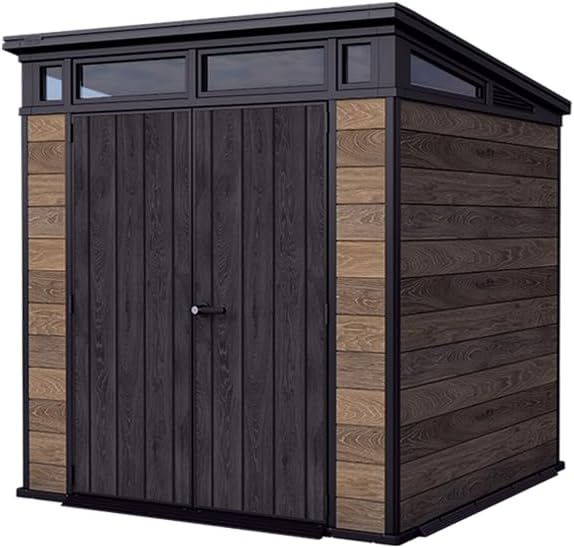 Keter Gerätehaus Signature 7x7 mit Doppeltür und Bodenplatte, abschließbar, Kunststoff wetterfest, 4,7 m² Gartenhaus Walnuss