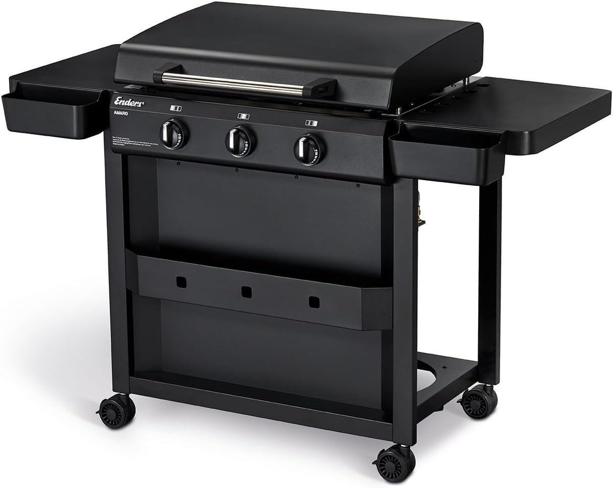 Enders AMARO 3 Plancha Gasgrill Griddle, 3 Edelstahlbrenner, massive Edelstahl-Plancha mit Tragegriffen, große Grillfläche, abnehmbare Haube, 4 Haken, abnehmbare Körbe, Ablagefach #82216