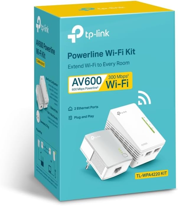 TP-Link TL-WPA4220 KIT AV600 Wi-Fi N300 WiFi Powerline (600Mbps maximum Powerline, 300Mbps maximum 2.4GHz Wi-Fi, Plug and Play, compatible with all Powerline adapters, set of 2), white