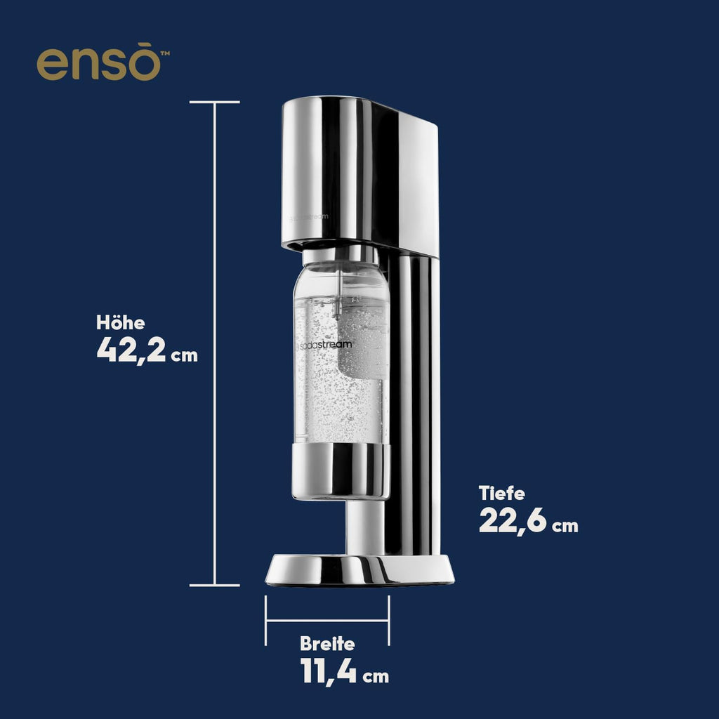 SodaStream® enso™ Premium Wassersprudler aus Edelstahl | inkl. 1 L BPA-FREIE KUNSTSTOFFFLASCHE (spülmaschinengeeignet) + Reinigungstuch + SodaStream Quick Connect Reservezylinder