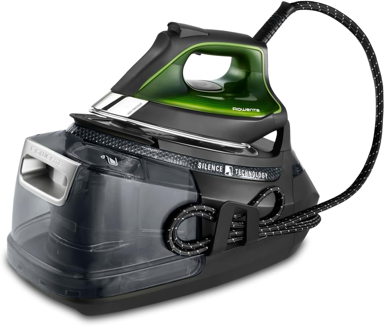 Rowenta Silence Steam Pro Dampfbügelstation, 2800 W, Dauerdampfmenge 150 g/Min, extra Dampfstoß 620 g/min, Eco-Funktion, 1300 ml abnehmbarer Wassertank, Schwarz/Grün, DG9248
