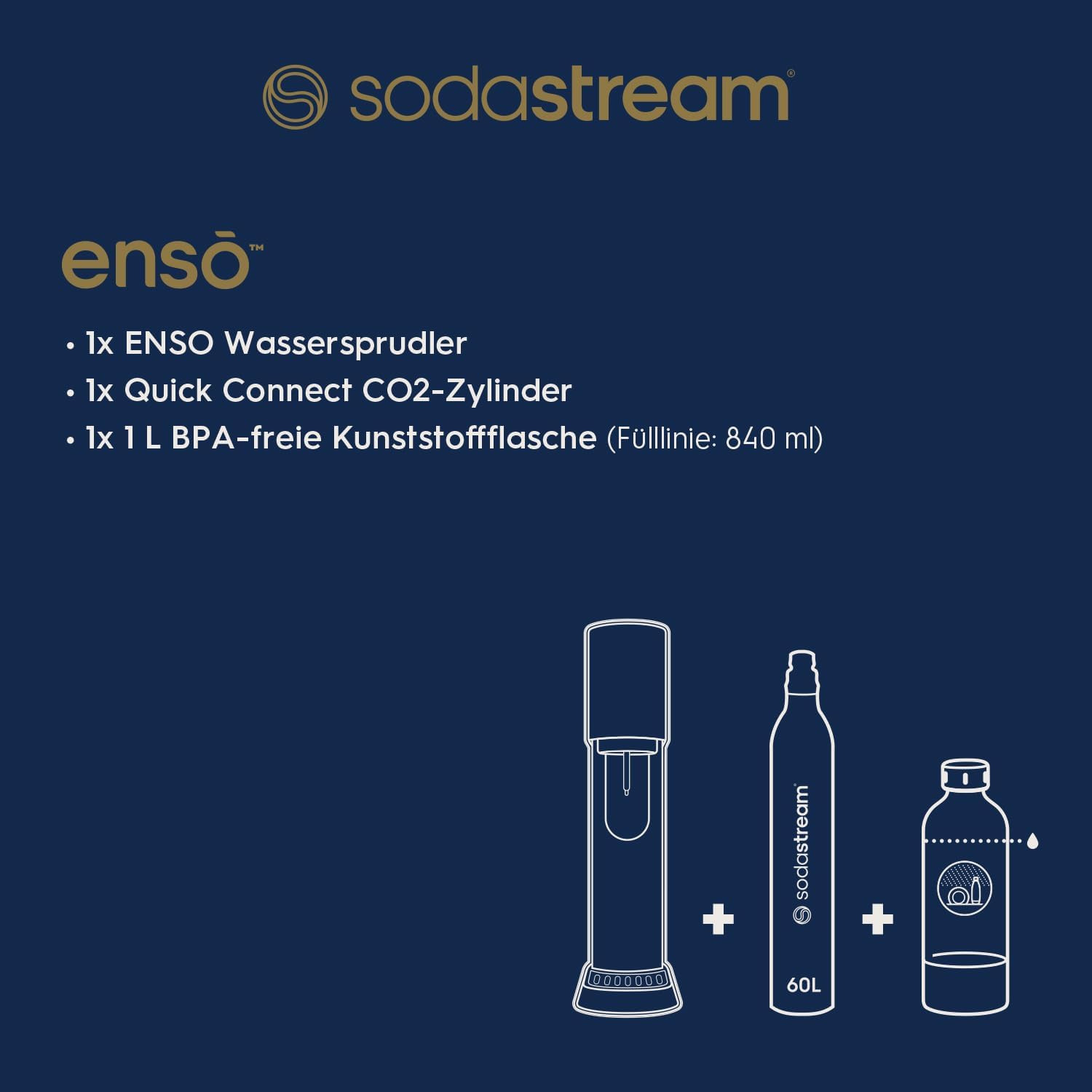 SodaStream® enso™ Premium Wassersprudler aus Edelstahl | inkl. 1 L BPA-FREIE KUNSTSTOFFFLASCHE (spülmaschinengeeignet) + Reinigungstuch + SodaStream Quick Connect Reservezylinder