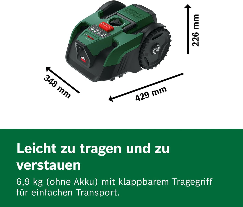 Bosch Akku-Mähroboter VISIMOW18V-200 (für Rasenflächen bis 200 m², Schnittbreite: 18 cm, Schnitthöhe: 20-60 mm, mit Ersatzmessern, inkl. Akku und Ladegerät)