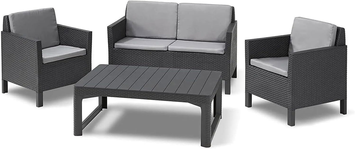 Allibert by Keter Chicago Lounge Set für 4 Personen, 2-er Sofa, 2 Gartensessel mit Rückenkissen und höhenverstellbarem Lyon Tisch, graphit/cool grau, wetterfest