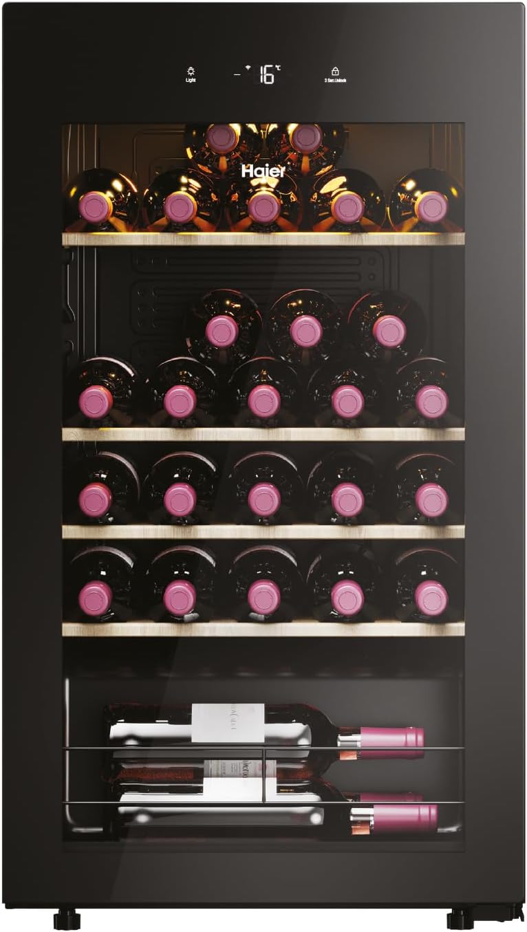 Haier HWS34GGH1 Series 3 Wine Fridge | For 34 bottles, modern wine fridge with UV glass door and 5 wooden shelves, wine cooler with Wi-Fi and touch display