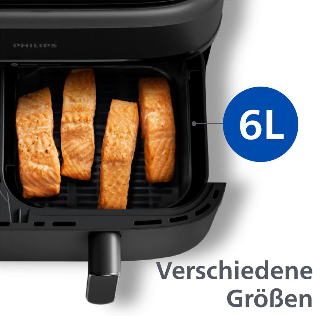 Philips Airfryer Dual Basket 3000 Series Hot Air Fryer, Black, 9 L | 2 baskets, RapidAir Plus technology, touch screen, 12 cooking functions, HomeID app (NA350/00)