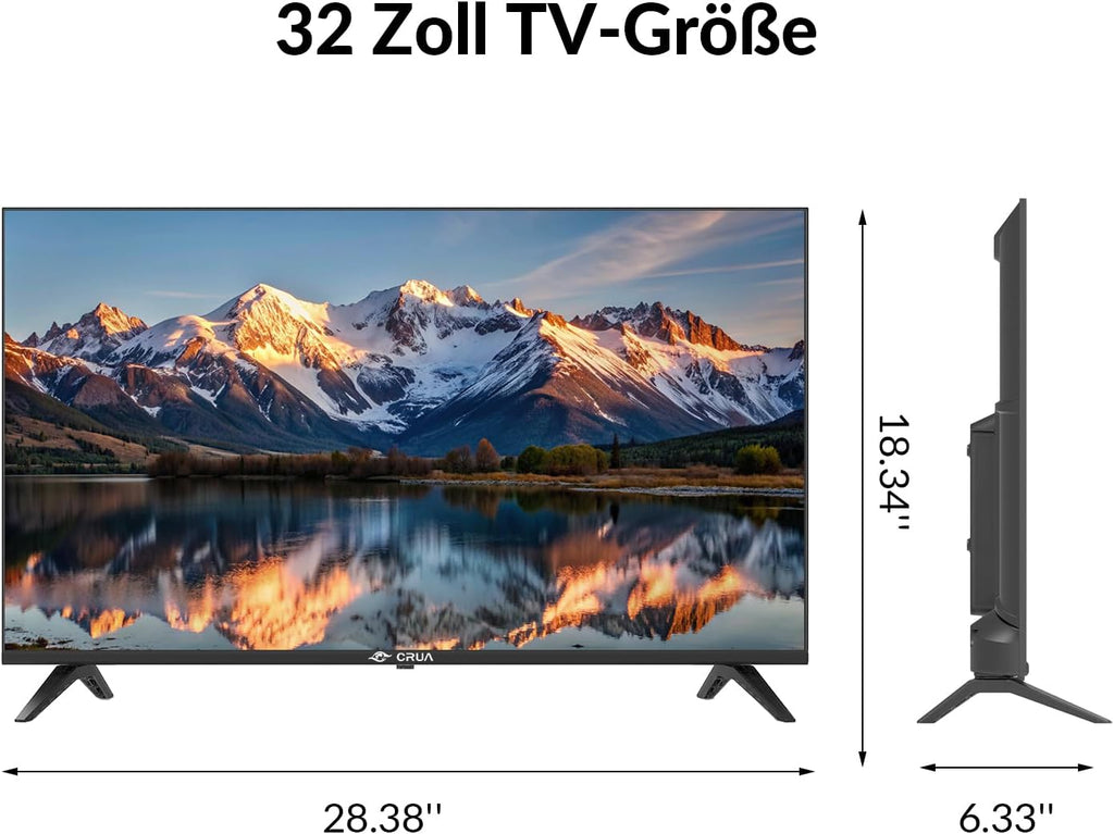CRUA 32 Zoll Smart TV/Fernseher 32 Zoll 3X HDMI, 2xUSB, Fernseher kompatibel mit VIDAA,EyeCare,Triple Tuner DVB-T/-T2/-C/-S/-S2 CI+Power Input 100-240V~ 50/60HZ for Home, Kitchen, or RV Camper